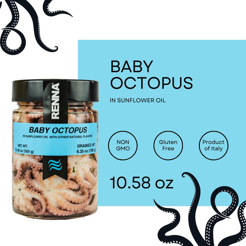 (10.58 oz), Renna, Baby Octopus, Small Octopus preserved in oil Premium Imported Seafood, Mediterranean flavor, Product