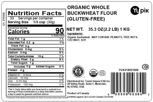 2.2 lb (35.2 oz), Yupik Organic Ground Buckwheat Flour USDA Certified, Gluten-Free, Raw, Vegan, Kosher, Non-GMO, Finely