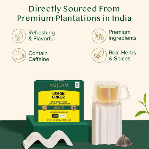 (100 VAHDAM, Lemon Ginger Tea Bags Green Tea Bags) Low Caffeine | Fruity Flavor - Zesty Lemon & Ginger, Orange Peel |