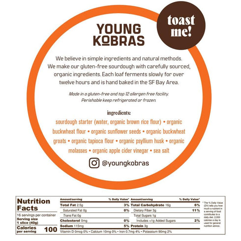 22oz (2-pack) Young Kobras Organic, Gluten-Free Seeded Buckwheat Sourdough Bread - Allergen Friendly, Vegan, Gum-Free