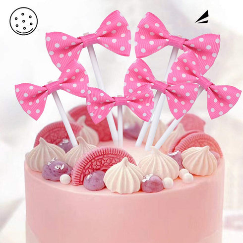 Bowknot Cupcake Topper, 20 PCS Deep Rose with Dots for Children's Birthday Baby Shower Party