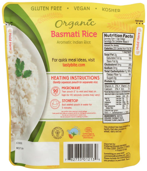 8.8 oz 6 Tasty Bite Rice Organic - Basmati - - case