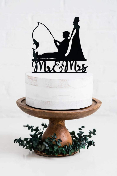 Fishing Wedding Cake Topper - Funny Bride and Groom Cake Decoration for Fishing Theme Wedding/Engagement
