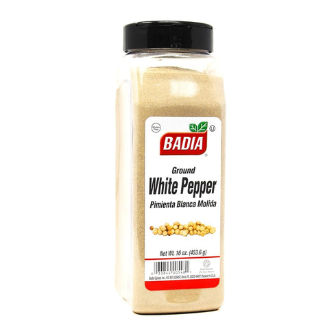 16 oz Badia Ground White Pepper, Smooth, Mellow Heat and Delicate Flavor for Light Sauces, Soups, Poultry and Seafood