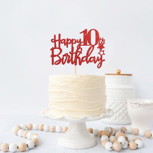 Red Glitter Happy 10th Birthday Cake Topper, Cheers to 10 Years Party Supplies, 10th Birthday Decorations