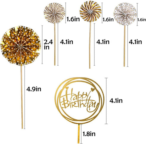 DIYASY Gold Happy Birthday Cake Topper Kit, 6 Pcs Confetti Balloon Paper Fans Acrylic Cake Toppers