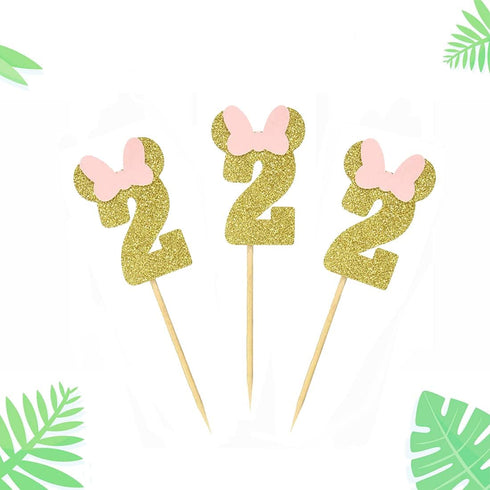 Morndew 24 PCS Gold Pink Glitter Number 2 Cupcake Toppers for Baby Girl Second Birthday Party Decorations