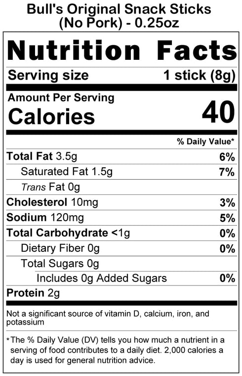 0.25oz 100 Count Bull's Original Snack Sticks Box (Made with beef and chicken no pork)