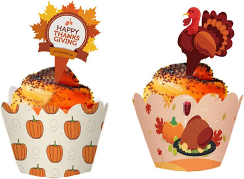 48 Pieces Thanksgiving Cupcake Toppers and Wrappers Kit for Autumn Cake Decoration on Thanksgiving Day