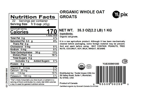 Groats,2.2 lb (35.2 oz), Yupik Organic Whole Oat Non-GMO, Vegan, Kosher, Raw, Whole Grain Oats, Salt-Free, Nutty