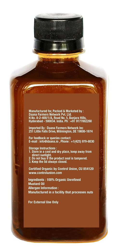(12 oz) Daana Mustard Oil: CERTIFIED USDA ORGANIC, EXTRA VIRGIN, COLD PRESSED