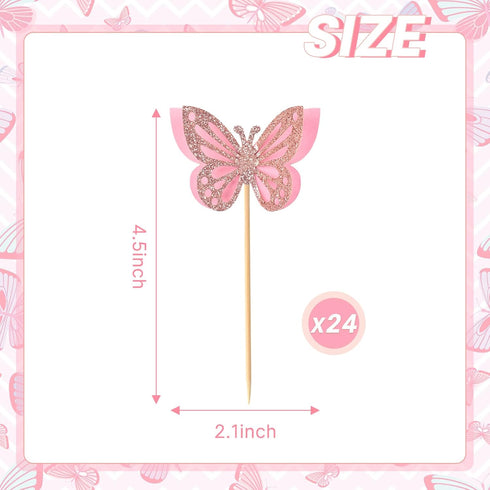 Butterfly Cupcake Toppers, 24 PCS Pink Paper & Bamboo, Party Decoration for Kids Birthday, Baby Shower, Wedding