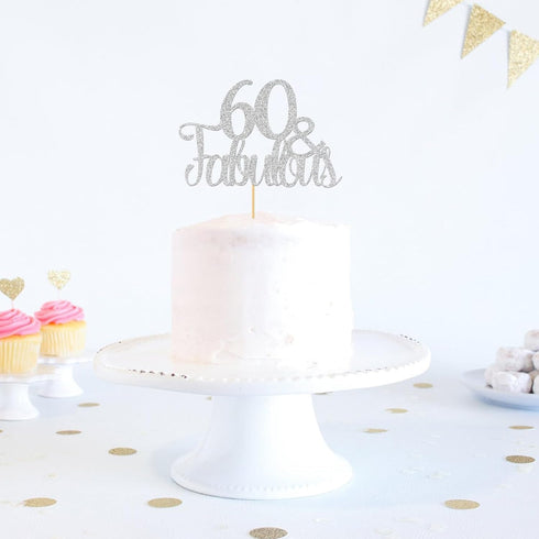 Silver Glitter 60 & Fabulous Cake Topper, 60th Birthday/Anniversary Decoration