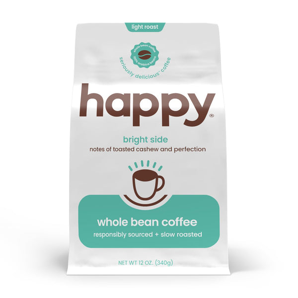 happy coffee bright side light roast whole bean coffee, 12 oz., notes