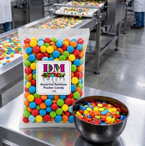 DM Sweets 1.5 lbs Assorted Rainbow Pucker Candy - of Fresh Delicious Sour Fruity Flavored Crunchy Candy. Perfect