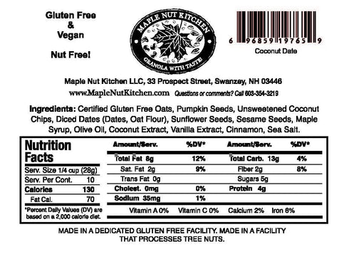 3 Pack Maple Nut Kitchen Coconut Date Granola, Gluten-Free, Vegan & Nut-Free Granola with Certified Oats, Pumpkin