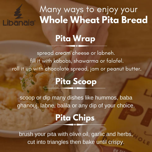 10" 3 Pack, 6 pack (18 Libanais Whole Wheat Traditional Lebanese Pita Bread, Vegan, Kosher, Halal, loaves per Pitas).