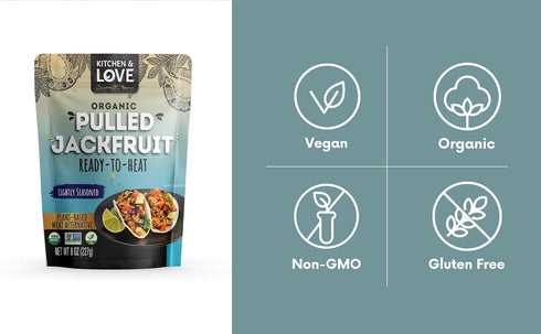 90 8 Oz (Pack 6) Kitchen & Love Jackfruit Lightly Seasoned, Organic, Fully Cooked, Versatile Plant Based Meat