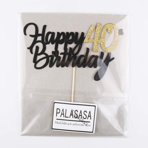 PALASASA Black Gold Glitter Happy Birthday Cake Topper, 40th Anniversary/Birthday Party Decoration