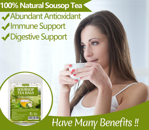 60 100% Premium Soursop Tea Bags, Made with Natural Graviola Leaves, Hoja Guanabana Tea, No Additives & Caffeine Free.