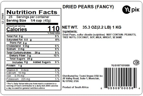2.2 lb (35.2 oz), Yupik Dried Pears, Kosher, Vegan, Dried Fruits, Quartered Pieces, Naturally Sweet, No Sugar Added