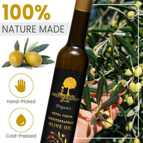 Mediterranean Gold 100% Count Organic Olive Oil Extra Virgin - First Nature-Made Cold Pressed, Unfiltered
