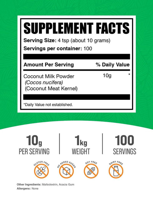 10g 1kg (2.2 lbs) (Pack 1) BulkSupplements.com Coconut Milk Powder - Powdered Coconut Milk - Dairy-Free Creamer - Vegan