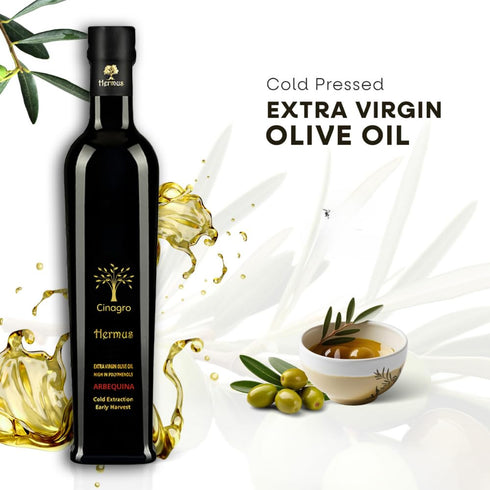 (500+ (1) Hermus by Cinagro Extra Virgin Olive Oil, Arbequina Variety, High Polyphenols ppm), Cold Press, Early