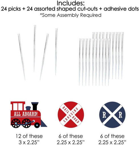 Set 24 Big Dot of Happiness Railroad Party Crossing - Dessert Cupcake Toppers - Steam Train Birthday Party or Baby