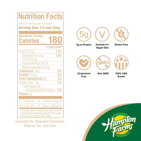 5 oz. 2 Pack Hampton Farms - USA Grown Gourmet Nuts - Salted Jumbo Cashews - Jars