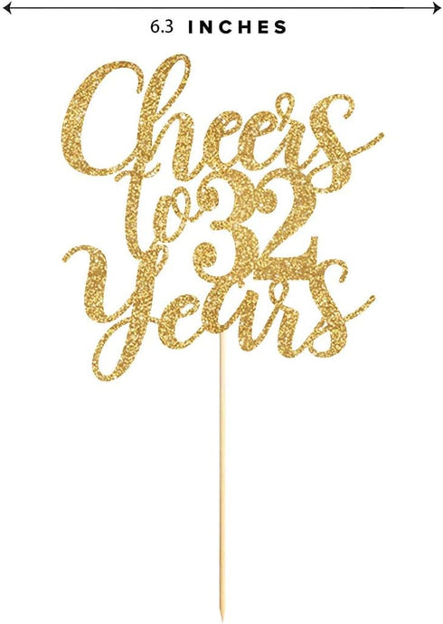 Gold Glitter Cheers to 32 Years Cake Topper - Gold Happy 32nd Birthday Cake Topper, Birthday Party Decorations