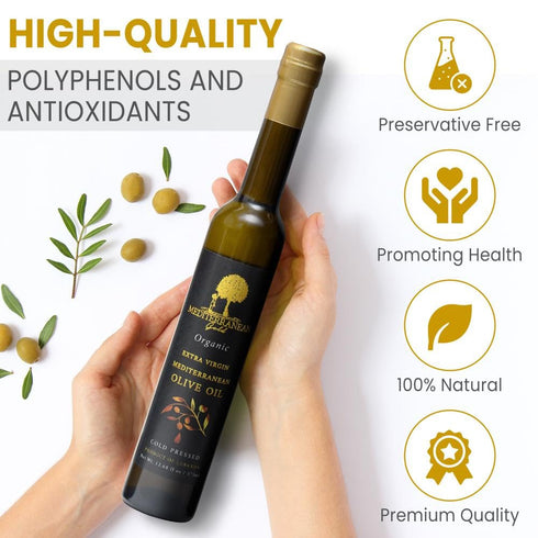 Mediterranean Gold 100% Count Organic Olive Oil Extra Virgin - First Nature-Made Cold Pressed, Unfiltered