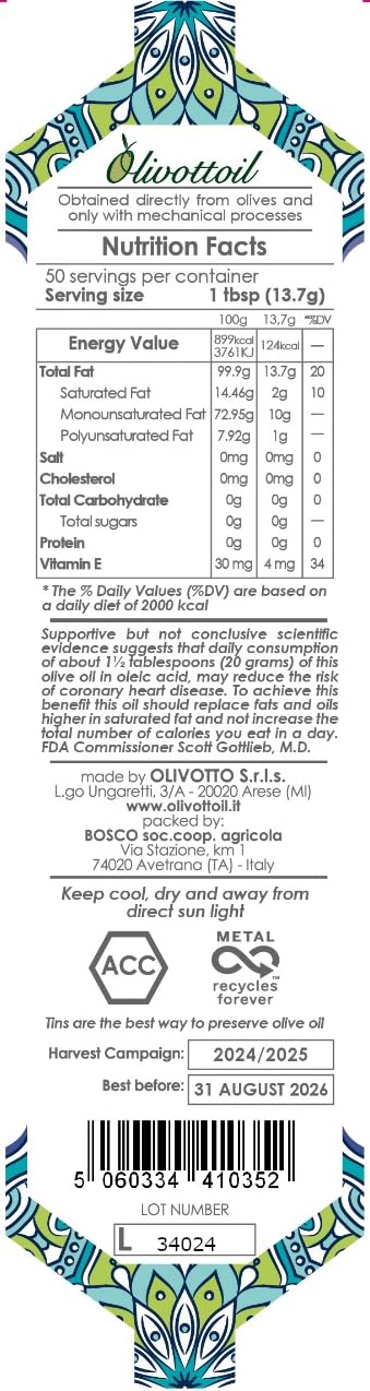 2024/2025 Pack (2x25.USfl.oz), Olivottoil Edition, Italian Extra Virgin Olive Oil Contains Polyphenols, Antioxidant
