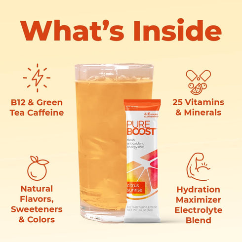 Pack 10 Count, B12 Pureboost Sugar-Free Clean Energy Booster, Combo Refreshing Energy Drink Mix with Vitamins