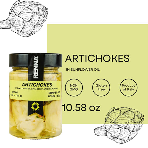 (10.58 oz), Renna, Artichoke Hearts in oil Italian, Whole Artichoke Hearts, A Taste of the Mediterranean Excellence