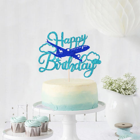 Glitter Airplane Happy Birthday Cake TopperAirplane Birthday Party Decorations,Adventure Awaits,Boys Girls Men Plane