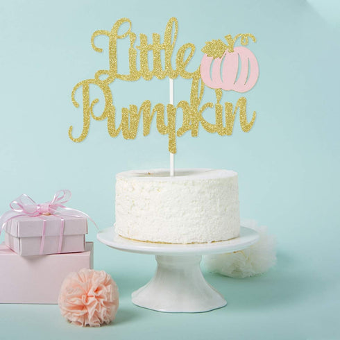 Little Pumpkin Cake Topper, Gold Pink Little Pumpkin Baby Shower Decorations for 1st Birthday Supplies