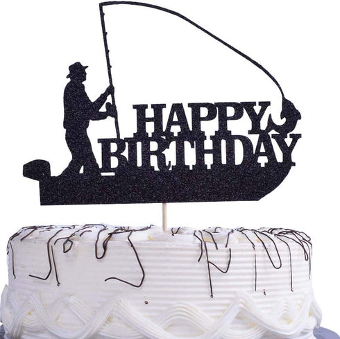 Sea Fishing Birthday Cake Topper, Fisherman Theme Party Supplies, Gone Fishing Decorations, Black Glitter Decor