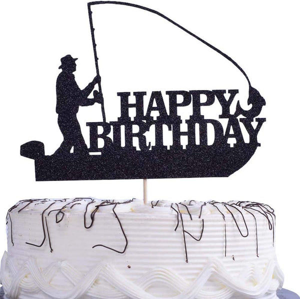 Sea Fishing Birthday Cake Topper, Fisherman Theme Party Supplies, Gone Fishing Decorations, Black Glitter Decor