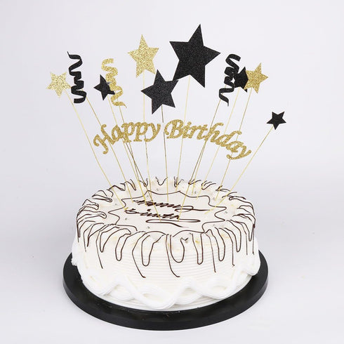 Handmade Black and Gold Glitter Pentacle Cake Toppers, Happy Birthday Cake Bunting Topper Paper Decoration