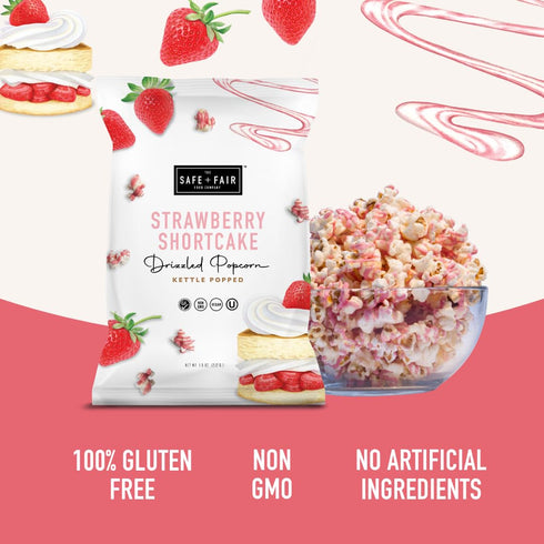 5.5oz,6 Pack Safe + Fair Plant-Based Gourmet Strawberry Flavored Popcorn - Strawberry Shortcake Drizzled Kettle Corn