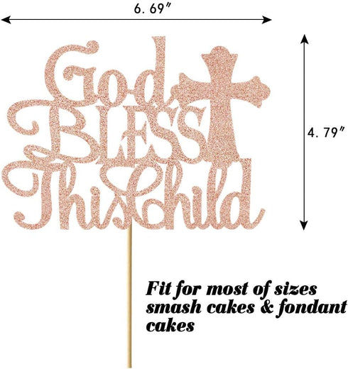 God Bless this Children Cake Topper, Rose Gold Glitter Baptism Cake Toppers for Christening, First Communion Baby Shower