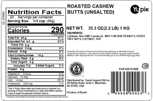 2.2 lb (35.2 oz), Yupik Roasted Unsalted Cashews, Butts, Gluten-Free, Kosher, Vegan, Broken Nuts, Crunchy Cashew