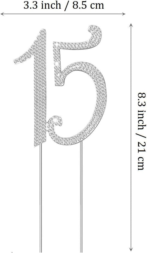 JANOU 15 Cake Topper Number 15, Crystal Rhinestones for Birthday Anniversary Party Decoration
