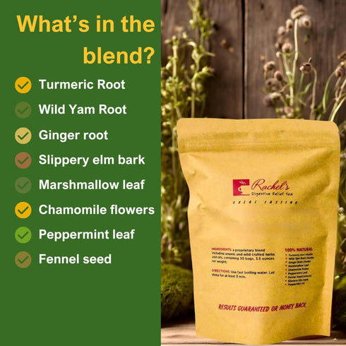 30 60 Rachel's Tea: Turmeric, Wild Yam, Ginger, Marshmallow, Chamomile, Peppermint, Fennel, Slippery Elm: bags, cups