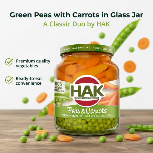 Hak 12.3oz 6 Pack Green Peas with Carrots in Glass Jar - Ready-to-Eat Mixed Vegetables with Sea Salt & Water - Canned