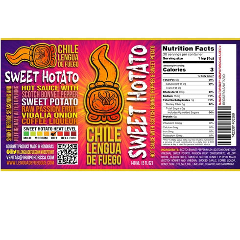 1 Chile Lengua de Fuego Sweet Hotato Hot Sauce - Bottle - Sweet Potato, Scotch Bonnet, Passion Fruit & Blackberry