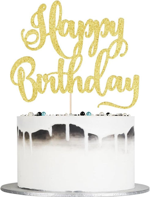 Happy Birthday Cake Topper, Birthday Party Decoration Supplies, Photo Booth Props (Gold)