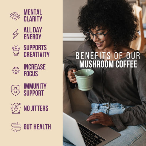 Immune 20 Packets Grateful Earth Mushroom Coffee, Coconut Instant Coffee with Lions Mane Mushrooms, Chaga, Turmeric