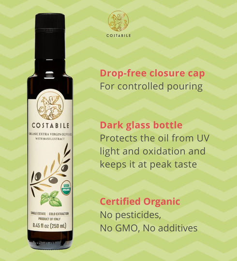 100% Basil & Hot Chili Combo. Infused Extra Virgin Olive Oil. All-natural olive oils. Italian. COSTABILE